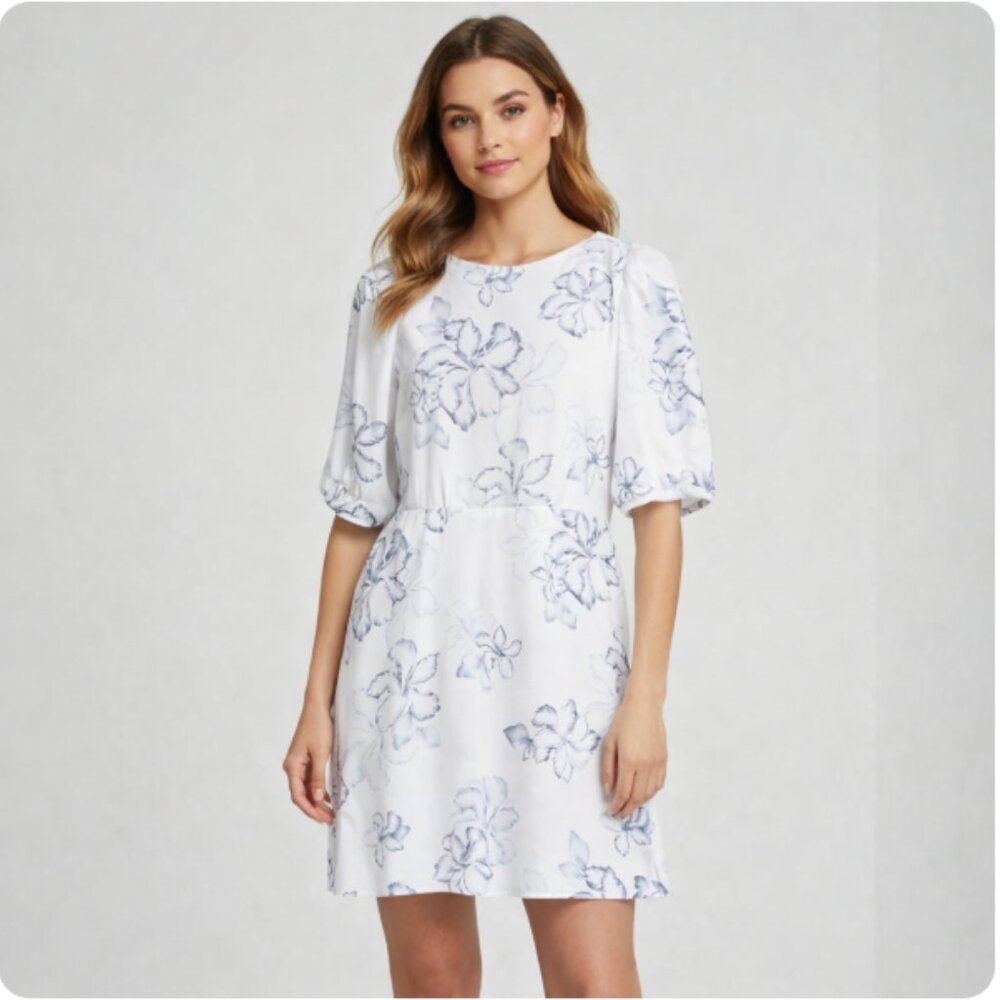Vince Camuto Blue White Floral Puff Sleeve Dress Size 8